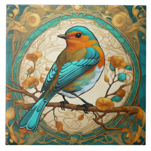 Rotkehlchen-Vogel Art Nouveau Art Deco Minze Fliese