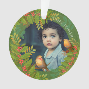 Rotkehlchen-Vögel Stechpalmen-Beeren-Foto Grün Ornament