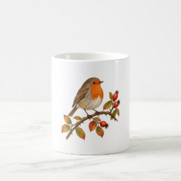 Rotkehlchen zwischen Herbst-Rosenhüften Kaffeetasse