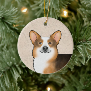 Rotköpfiger dreifarbiger Pembroke Welsh Corgi und Keramik Ornament