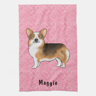 Rotköpfiger Tri Pembroke Welsh Corgi Herzen & Name Geschirrtuch
