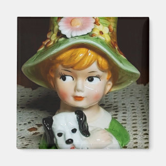 Rotkopfkind & Welpe Kleine Girl Lady Head Vase Magnet