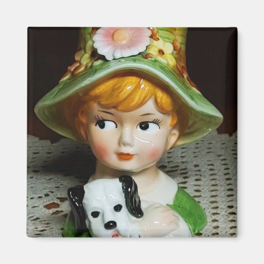 Rotkopfkind & Welpe Kleine Girl Lady Head Vase Magnet (Vorne)