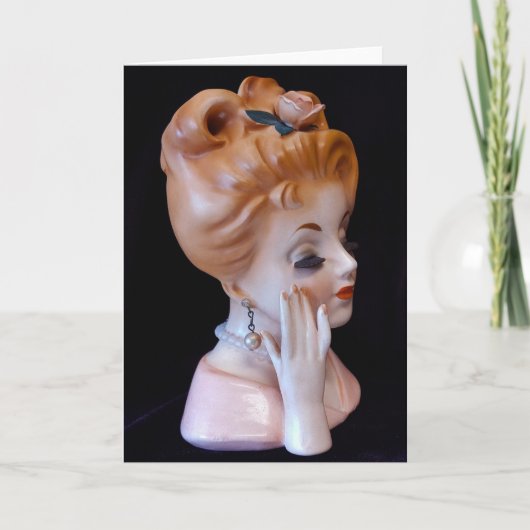 Rotkopflady Head Vase Pink Rose in der Haare Puppe Karte (Vorderseite)
