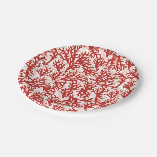 Rotkorallenmuster Pappteller (Schrägansicht)