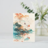Rotkronenkranich stehend in blauer Seelandschaft Postkarte (Stehend Vorderseite)