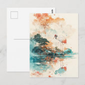 Rotkronenkranich stehend in blauer Seelandschaft Postkarte (Vorne/Hinten)