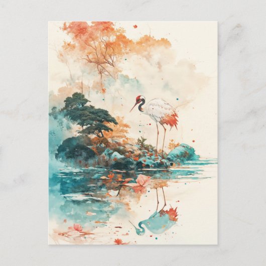 Rotkronenkranich stehend in blauer Seelandschaft Postkarte (Vorderseite)