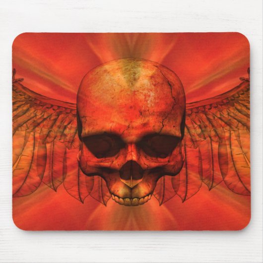 Rötliche Orangen-Explosion Winged Schädel Mousepad (Vorne)