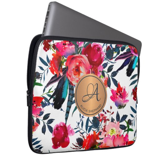 Rotnavy Wasserfarbenflora Muster Kupfer Monogramm Laptopschutzhülle (Vorne Rechts)