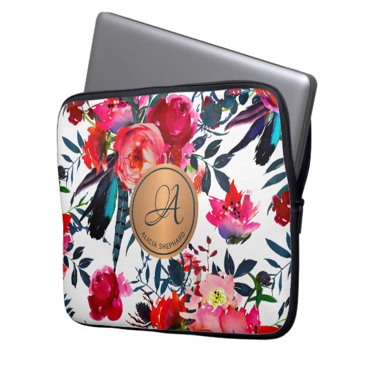 Rotnavy Wasserfarbenflora Muster Kupfer Monogramm Laptopschutzhülle (Vorderseite Links)