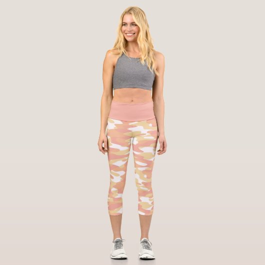 Rotorange Orangengelbe Camouflage Muster Capri Leggings (Vorderseite)