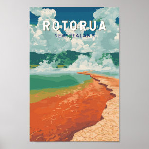 Rotorua New Zealand Illustration Travel Art Retro Poster