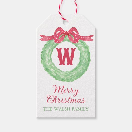 Rotpolka-Dot-Bow-Monogramm-Kränz Geschenkanhänger (Vorderseite)