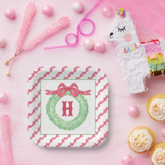 Rotpolka-Dot-Bow-Monogramm-Kränz Pappteller (Party)