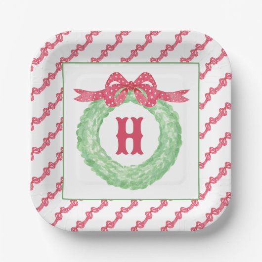 Rotpolka-Dot-Bow-Monogramm-Kränz Pappteller (Vorderseite)
