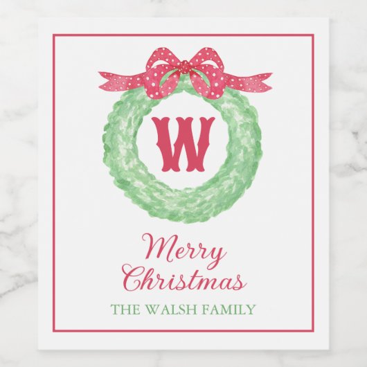 Rotpolka-Dot-Bow-Monogramm-Kränz Weinetikett (Einzelnes Label)