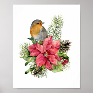 Rotrobin, Poinsettia, Kiefer, heilige Weihnachten Poster