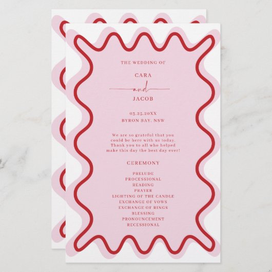 Rotrosa Vibrannte Wavy Border Zeremony Program (Vorne/Hinten)