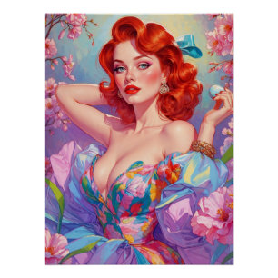 Rotschopf-Pin-Up mit Osterei rosa Blumen Poster