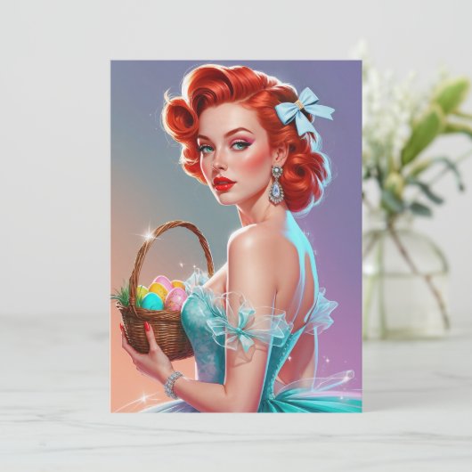 Rotschopf-Pin-Up-Oster-Eierkorb Feiertagskarte (Stehend Vorderseite)