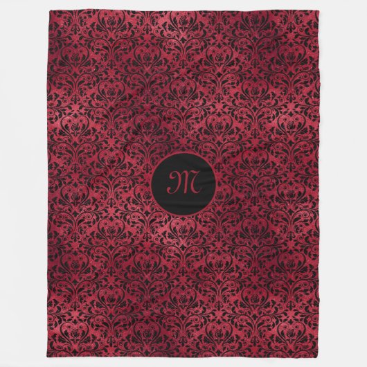 Rotschwarzer Damast mit Monogramm Fleecedecke (Vorderseite)