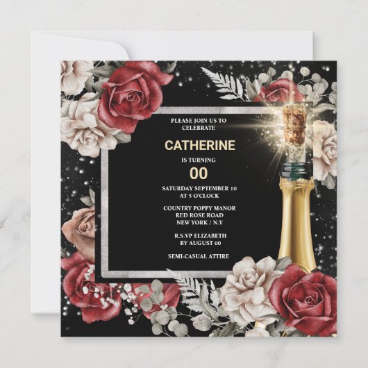 Rotschwarzer Rose Blumenschaumwein jedes Alters Pa Einladung (Vorderseite)