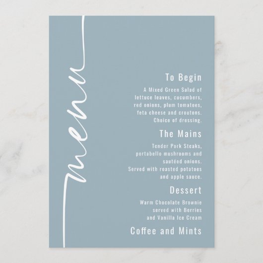 Rotter Text Dusty Blue Wedding Menu Card Einladung (Vorderseite)