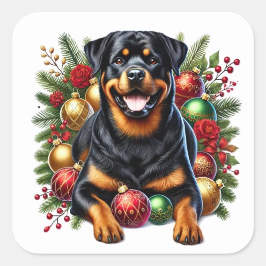 Rottweiler Amid Christmas Ornaments Quadratischer Aufkleber (Vorderseite)