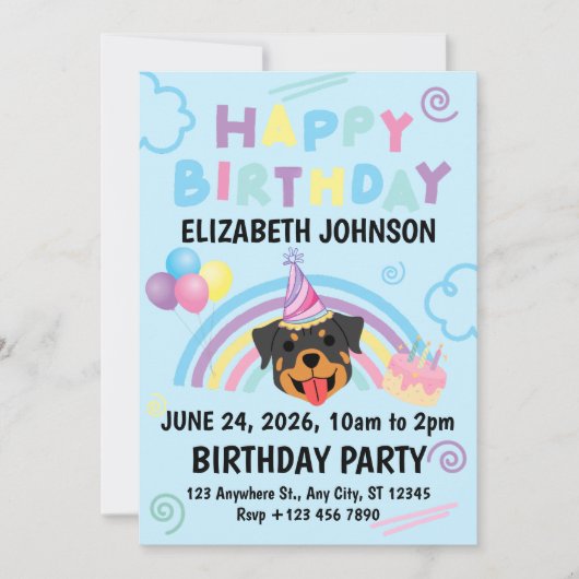 Rottweiler Birthday Invitation in Blue Einladung (Vorderseite)