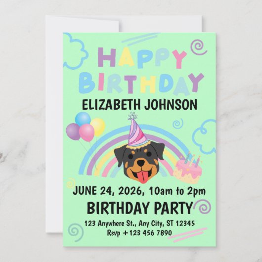 Rottweiler Birthday Invitation in Green Einladung (Vorderseite)