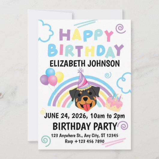 Rottweiler Birthday Invitation in White Einladung (Vorderseite)