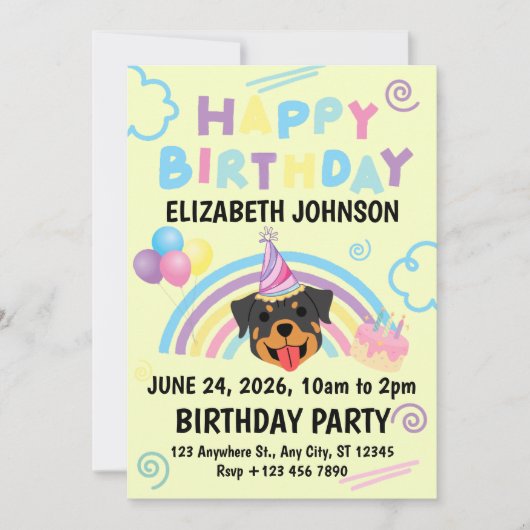 Rottweiler Birthday Invitation in Yellow Einladung (Vorderseite)