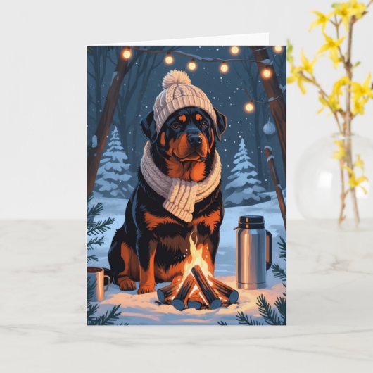 Rottweiler by Campfire Rustikale Winterurlaub Kuns Karte (Gelbe Blume)