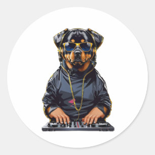 Rottweiler Dog Dj mit Turntable und Kopfhörern Runder Aufkleber