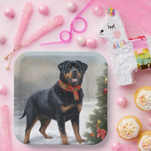 Rottweiler Dog in Schnee Weihnachten Pappteller (Party)