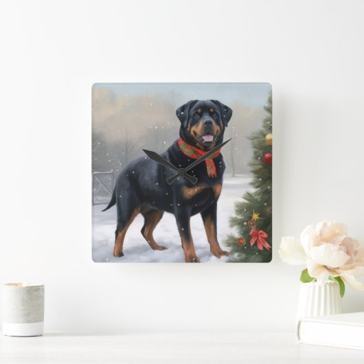 Rottweiler Dog in Schnee Weihnachten Quadratische Wanduhr (Zuhause)