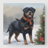 Rottweiler Dog in Schnee Weihnachten Quadratische Wanduhr (Vorderseite)