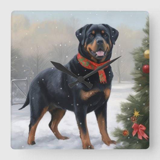 Rottweiler Dog in Schnee Weihnachten Quadratische Wanduhr (Vorderseite)