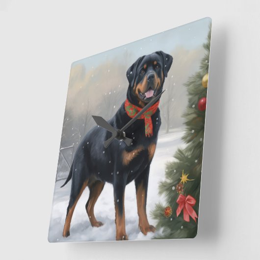 Rottweiler Dog in Schnee Weihnachten Quadratische Wanduhr (Winkel)