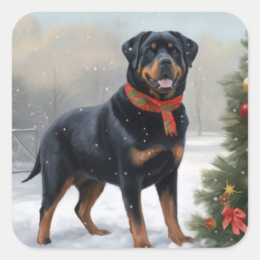 Rottweiler Dog in Schnee Weihnachten Quadratischer Aufkleber (Vorderseite)