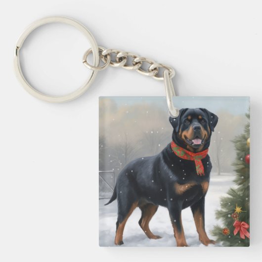 Rottweiler Dog in Schnee Weihnachten Schlüsselanhänger (Vorderseite)