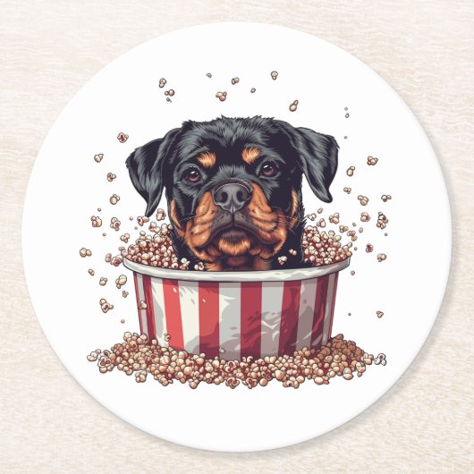 Rottweiler Dog Movie Popcorn Ecket Runder Pappuntersetzer (Vorderseite)