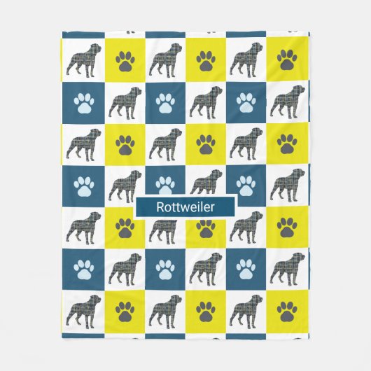 Rottweiler Dog & Paw Print Yellow Grid Silhouette Fleecedecke (Vorderseite)