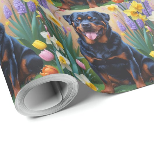 Rottweiler Dog Spring Flowers Malerei Geschenkpapier (Rolleneckpunkt)