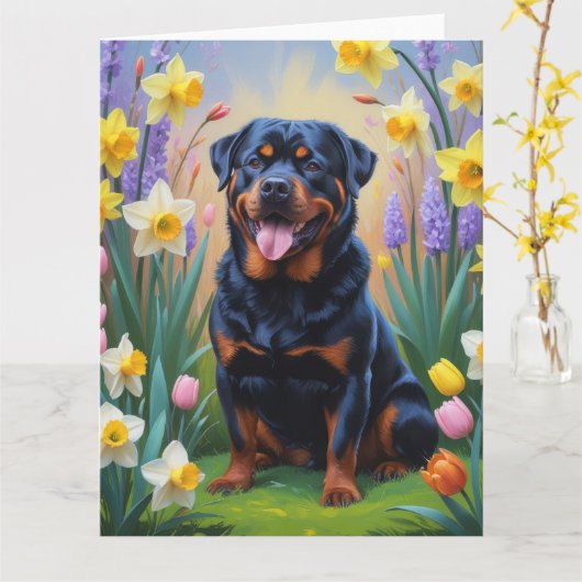 Rottweiler Dog Spring Flowers Malerei Karte (Gelbe Blume)