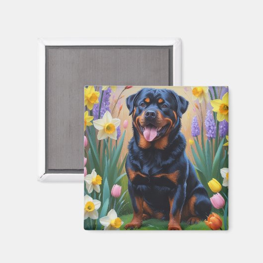 Rottweiler Dog Spring Flowers Malerei Magnet (Vorderseite/Rückseite)