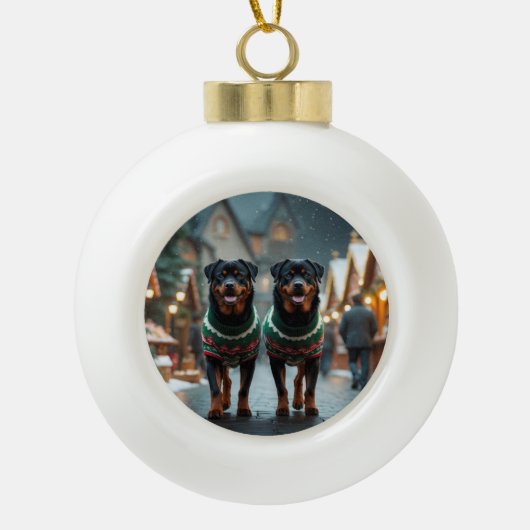 Rottweiler Dogs Christmas Snow Holiday Keramik Kugel-Ornament (Vorderseite)