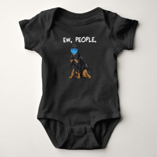 Rottweiler ew people dog wearing face mask baby strampler