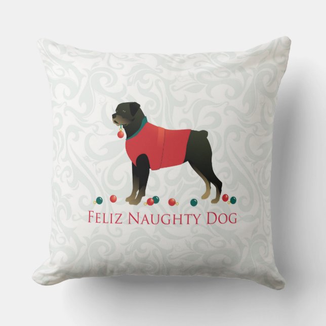 Rottweiler Feliz Naughty Dog Christmas Design Kissen (Vorderseite)